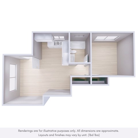 Floor plan for 1 bed, 1 bath, 730 sqft